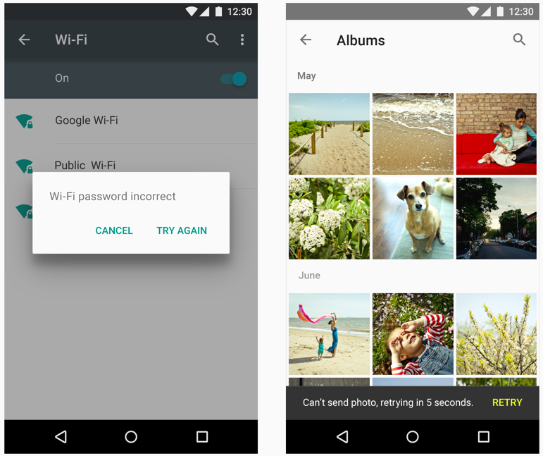 アラートダイアログとスナックバーでのエラー表示 出典：マテリアルデザインガイドライン